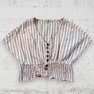 Miss Selfie Smocked Hem Button Front V-Neck Crop Top Striped Sz L Linen Blend
